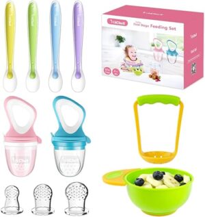 Baby Fresh Fruit Feeder (2 Pack) with 3 Different Sized Silicone Pacifiers, Mash and Serve Bowl with 4 Soft-Tip Silicone Baby Spoons