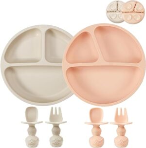 PandaEar 2 Pack Silicone Divided Suction Plates with 2 Spoons 2 Forks for Babies & Toddlers | BPA-Free