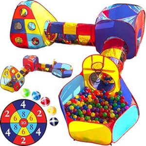 Playz 5pc Kids Play Tent Jungle Gym Ball Pit Pop Up Tents Play Tunnel for Toddlers Babies and Kids Indoor Outdoor Playhouse Bundle with Dartboard and 5 Sticky Balls | Babyz Corner