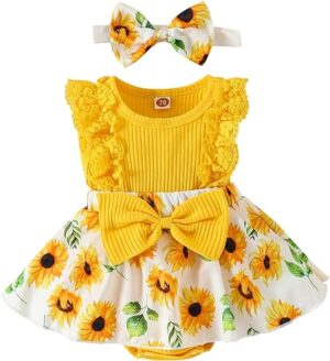 Girls Sleeveless Romper Dress with Lace Ruffle & Headband