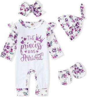 Beautiful Floral Girls Romper with Hat+Headband+Gloves