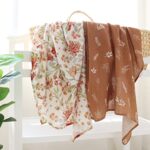 LifeTree Muslin Swaddle Blanket for Baby Girl Newborn, 2-Pack 70% Viscose from Bamboo and 30% Cotton Large Baby Swaddle Blankets (47" x 47"), Floral & Tan Leaf