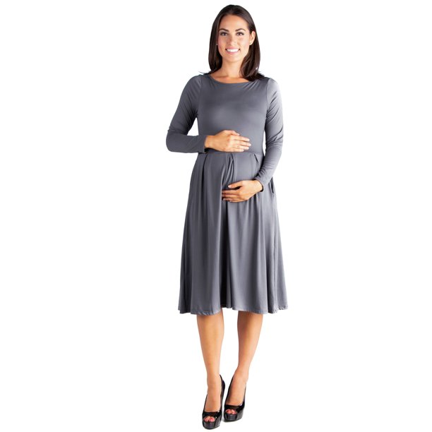 24/7 Comfort Apparel Long Sleeve Fit and Flare Maternity Midi Dress