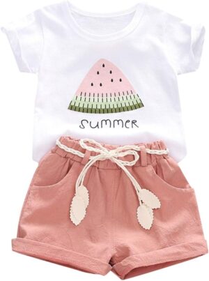 YOUNGER TREE Toddler Baby Girls Clothes Watermelon T-shirt + Linen Shorts with Belt Cute Summer Short Set | Babyz Corner YOUNGER TREE Toddler Baby Girls Clothes Watermelon T-shirt + Linen Shorts with Belt Cute Summer Short Set