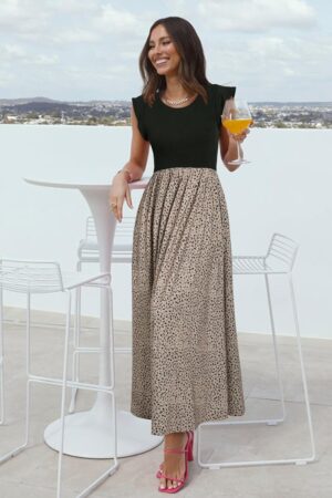 OUGES Women 2025 Spring Summer Dresses Maternity Sleeveless Ribbed Fashion Casual Outfits Maxi Dress with Pockets