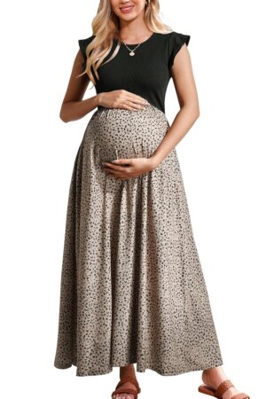 OUGES Women 2025 Spring Summer Dresses Maternity Sleeveless Ribbed Fashion Casual Outfits Maxi Dress with Pockets