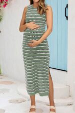 OUGES Women's 2025 Summer Maternity Dress Knit Sleeveless Crewneck Midi Dress Side Slit Striped Bodycon Sweater Dress